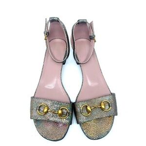 Gucci metallic gold iridescent leather horsebit low heel sandals EU 38.5
